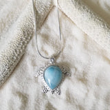 Larimar & Sterling Silver Turtle Large Pendant with Italian Sterling Silver Chain - LarimarOcean