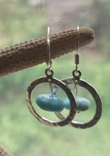 LARIMAR & Sterling Silver dangling NUGGET Earrings in hammered Sterling Silver Hoops - LarimarOcean