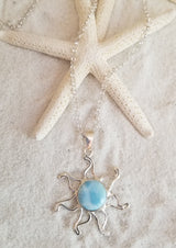 Larimar & Sterling Silver Sun LG Pendant and ITALIAN Sterling Silver Chain - LarimarOcean