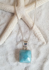 Larimar and Sterling Silver Med. Square with Italian Sterling Silver Rounded Box 028 Chain - LarimarOcean