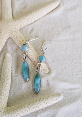 LARIMAR and Sterling Silver Double Drop Marquise Earrings with Leverbacks - LarimarOcean  