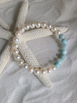 Freshwater Pearl & Larimar (gems 6 - 7mm) stretch Bracelet - LarimarOcean