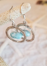 LARIMAR & Sterling Silver dangling NUGGET Earrings in hammered Sterling Silver Hoops - LarimarOcean