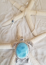 LARIMAR & Sterling Silver Turtle XBig Pendant with Italian Sterling Silver Chain - LarimarOcean
