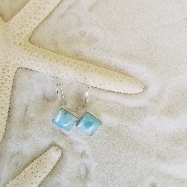 Larimar and Sterling Silver fixed wire Square Earrings - LarimarOcean  