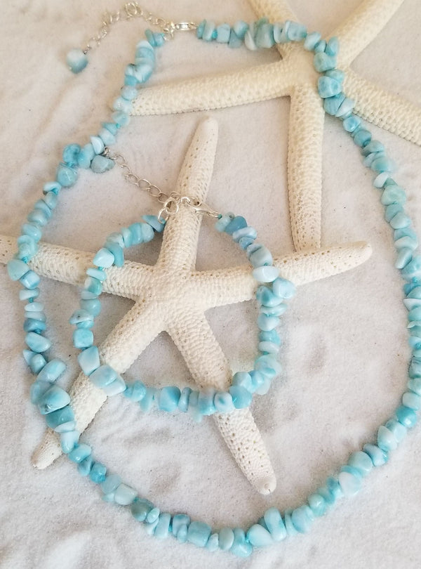 LARIMAR CHIP NUGGET Necklace and Bracelet with Sterling Silver adjustable Chain - LarimarOcean  