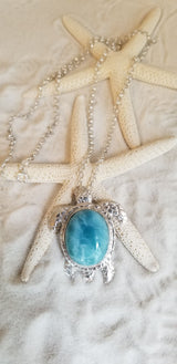 LARIMAR & Sterling Silver Turtle XBig Pendant with Italian Sterling Silver Chain - LarimarOcean
