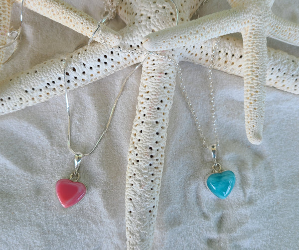 CONCH SHELL or LARIMAR SMALL HEART NECKLACE WITH ITALIAN STERLING SILVER CHAIN - LarimarOcean  