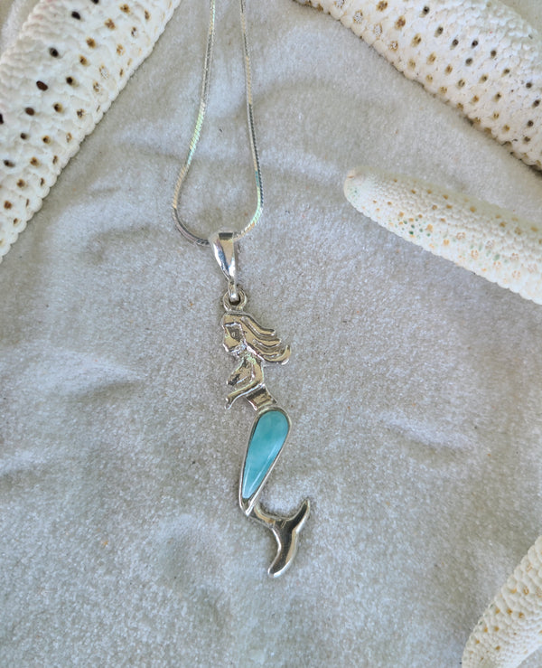 Larimar mermaid little pendant on Italian Sterling Silver chain - LarimarOcean  