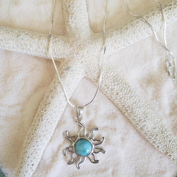 Larimar & Sterling Silver Sun Small Pendant with Italian Sterling Silver Chain - LarimarOcean  
