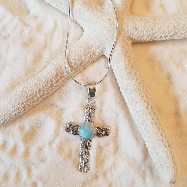 Larimar Filligree Sterling Silver Cross with Italian Sterling Silver 8sided snake Chain - LarimarOcean  
