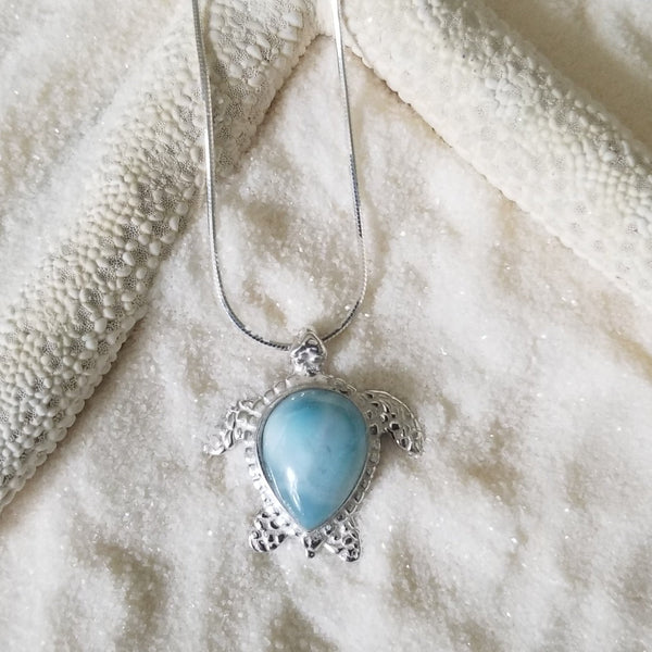 Larimar & Sterling Silver Turtle Large Pendant with Italian Sterling Silver Chain - LarimarOcean  