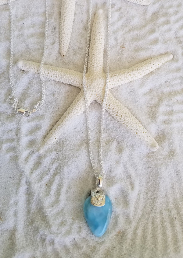 Larimar and Sterling Silver Filigree Med.Organic shape Pendant (4) with Italian Sterling Silver Chain - LarimarOcean  