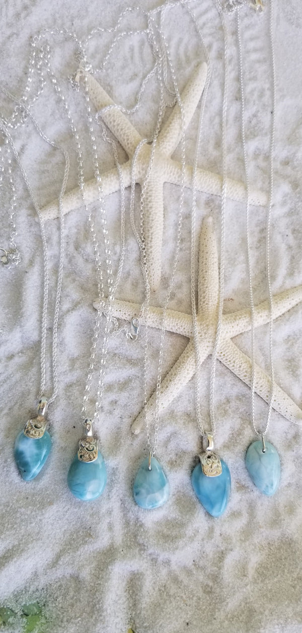 Larimar and Sterling Silver Filigree Med.Organic shape Pendant (5) with Italian Sterling Silver Chain - LarimarOcean  