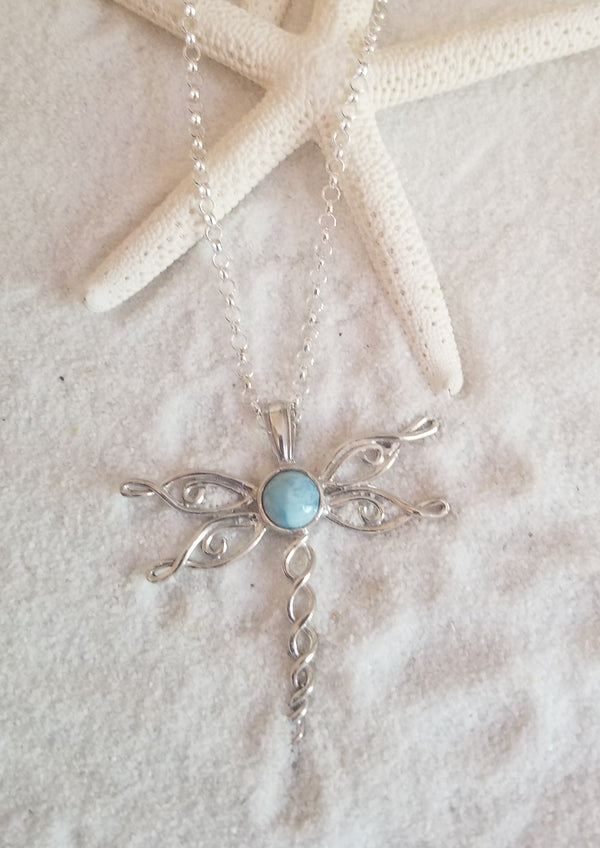 LARIMAR and Sterling Silver Big Dragonfly with Italian Sterling Silver Chain - LarimarOcean  