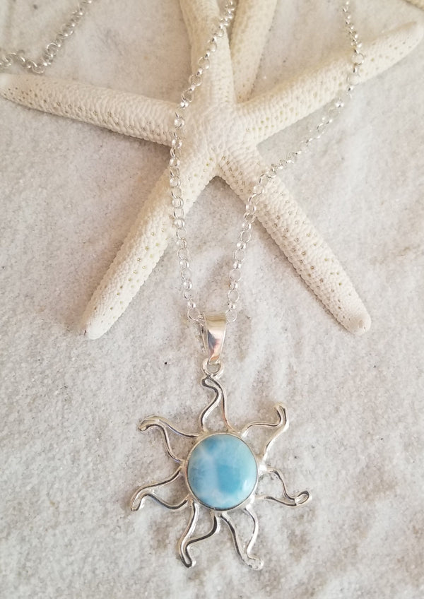 Larimar & Sterling Silver Sun LG Pendant and ITALIAN Sterling Silver Chain - LarimarOcean  