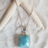 Larimar and Sterling Silver Med. Square with Italian Sterling Silver Rounded Box 028 Chain - LarimarOcean  