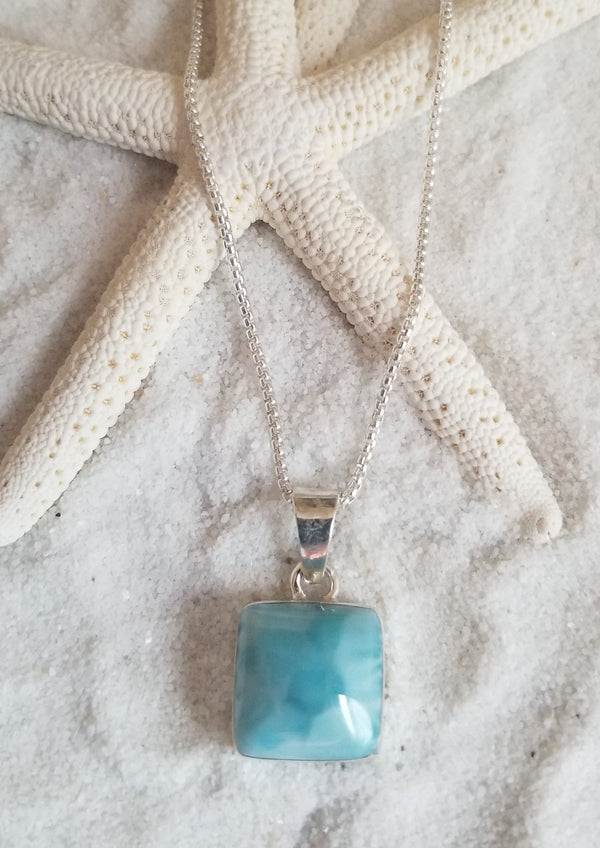 Larimar and Sterling Silver Med. Square with Italian Sterling Silver Rounded Box 028 Chain - LarimarOcean  