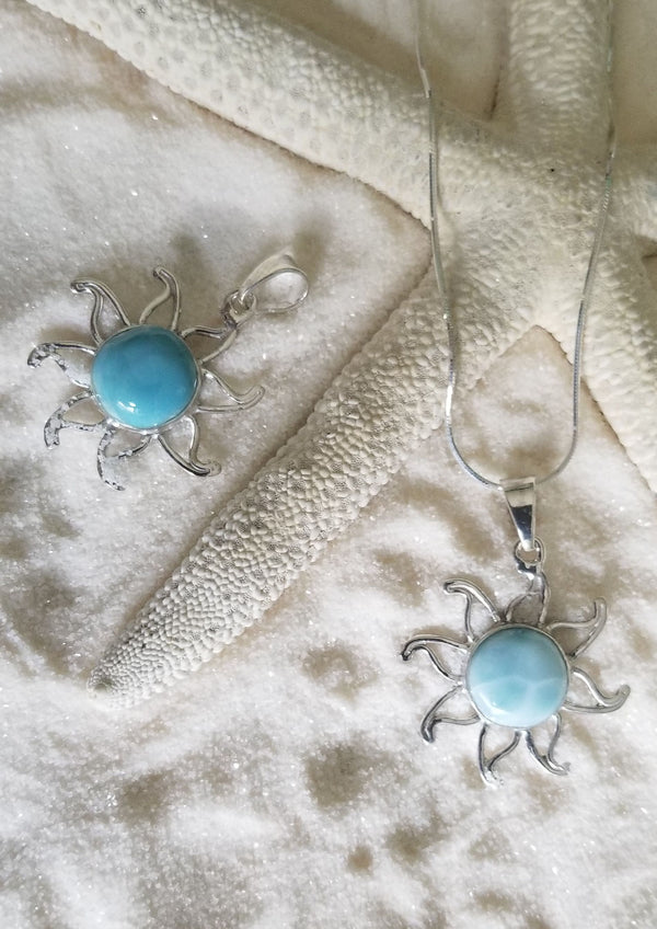 Larimar & Sterling Silver Sun Med. Pendant and ITALIAN Sterling Silver Chain - LarimarOcean  