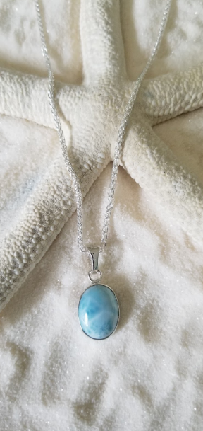Larimar and Sterling Silver med. Oval Pendant with Italian Sterling Silver Chain - LarimarOcean  