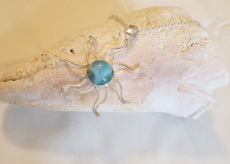 LARIMAR & Sterling Silver SUN XLG Pendant with Italian Sterling Silver Chain - LarimarOcean  