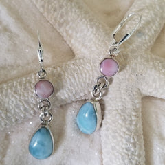 Larimar & Conch & Sterling Silver Double drop Teardrop Earring with leverbacks - LarimarOcean  