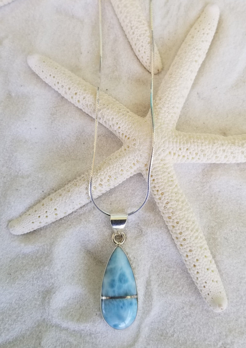 Larimar and Sterling Silver stripe Med. Teardrop with Italian Sterling Silver 8-sided snake Chain - LarimarOcean  