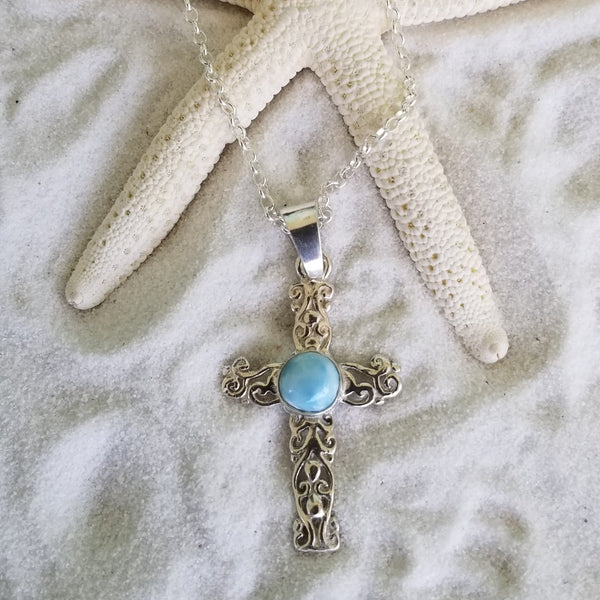 thumbnail image 2 of Larimar Cross Necklace In Gold Plated 925 Sterling Silver - George Art Jewels 2 of 14