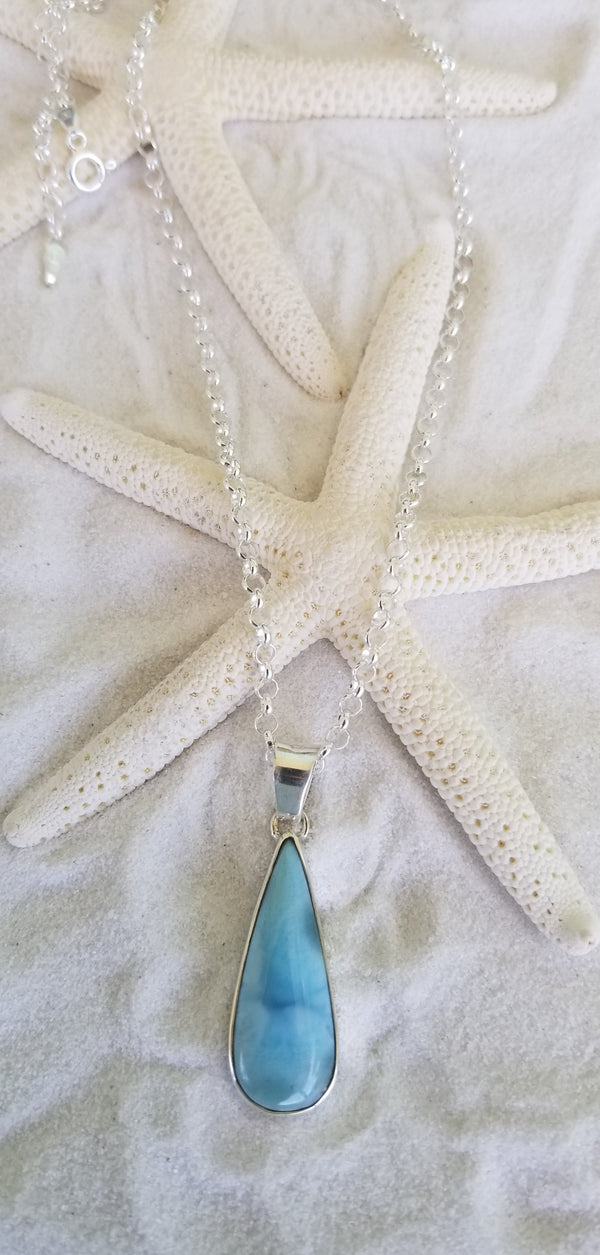 Larimar and Sterling Silver Long Teardrop with Italian Sterling Silver Chain - LarimarOcean  