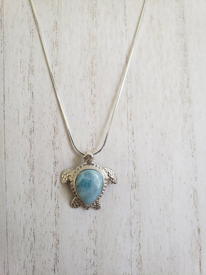Larimar & Sterling Silver Turtle Large Pendant with Italian Sterling Silver Chain - LarimarOcean  