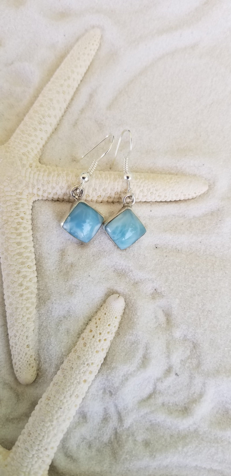 Larimar and Sterling Silver med. Squares on an angle Earrings - LarimarOcean  